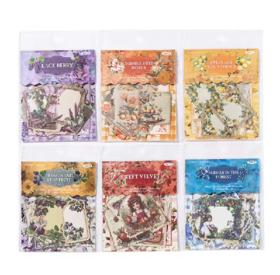 30 Stickers Timbres postales Frutas & Hadas Vintage