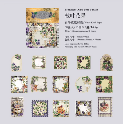 30 Stickers Timbres postales Frutas & Hadas Vintage