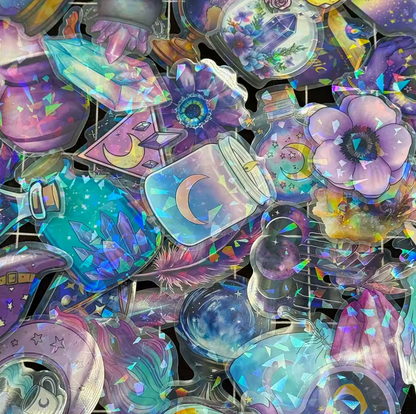 50 Stickers transparentes holograficos Misticos