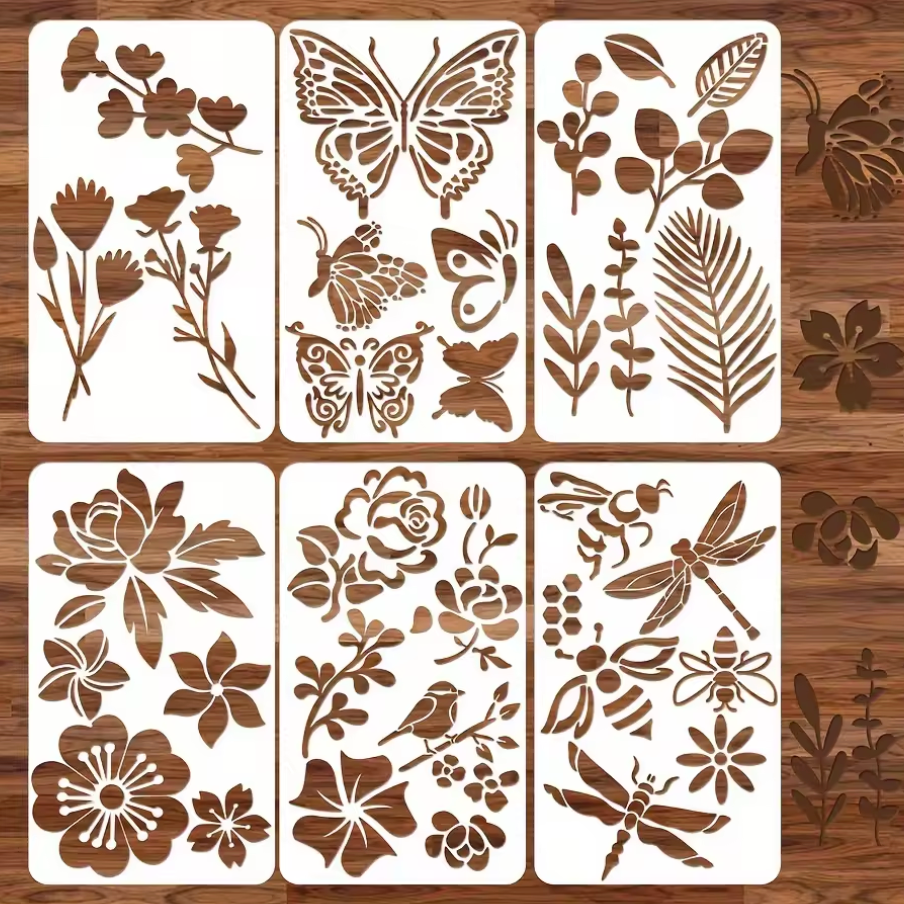 6 Stencils Mariposas, plantas & insectos