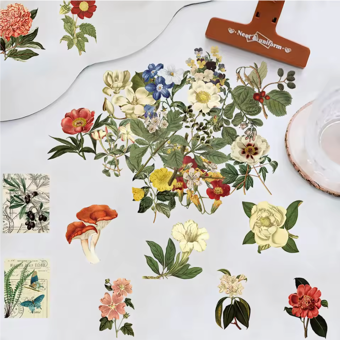 50 Stickers transparentes flores vintage