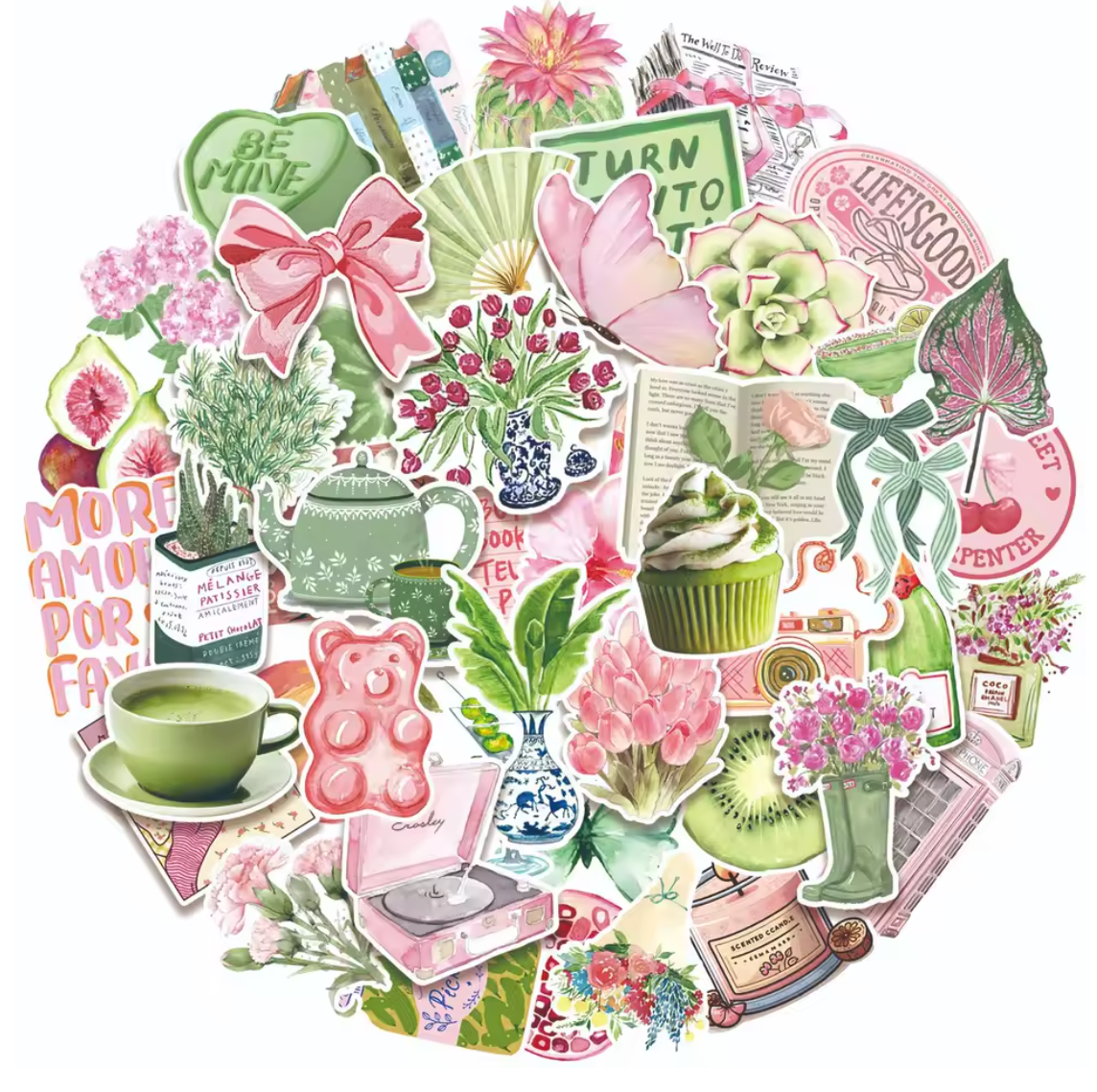 50 Stickers Vinil Rosa & Verde