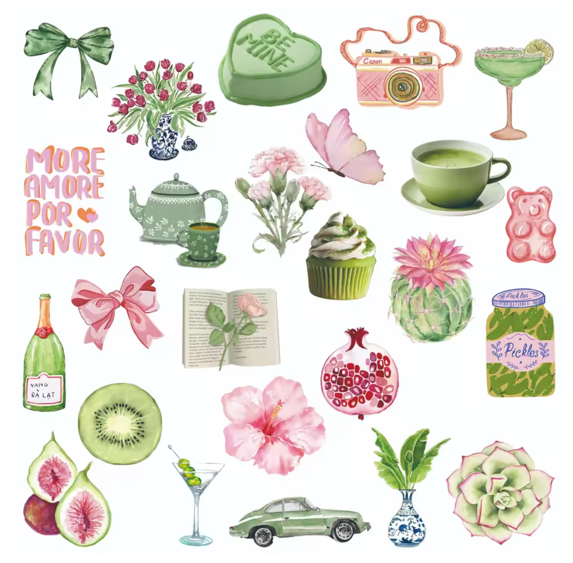 50 Stickers Vinil Rosa & Verde