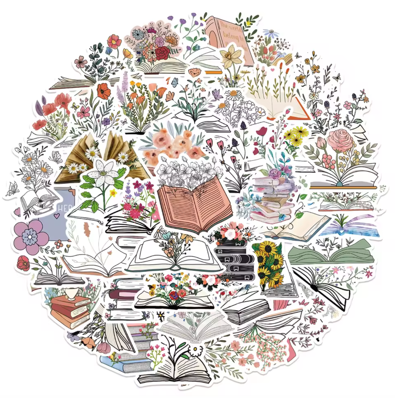 50 Stickers Vinil Libros & Flores