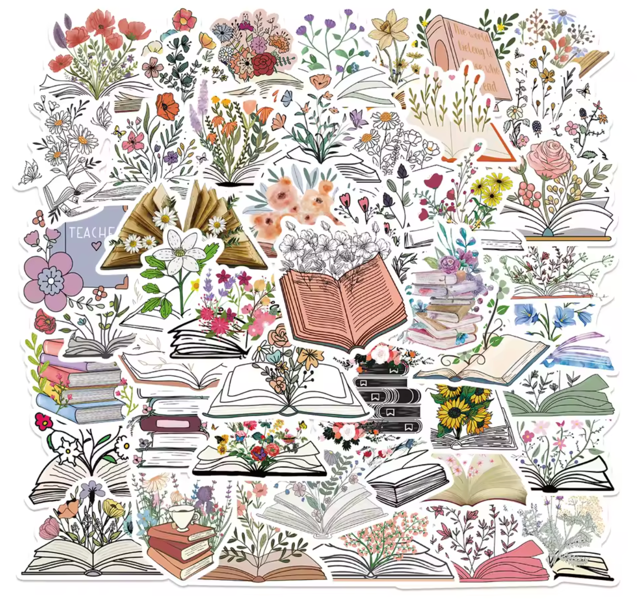 50 Stickers Vinil Libros & Flores