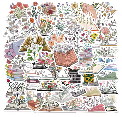 50 Stickers Vinil Libros & Flores