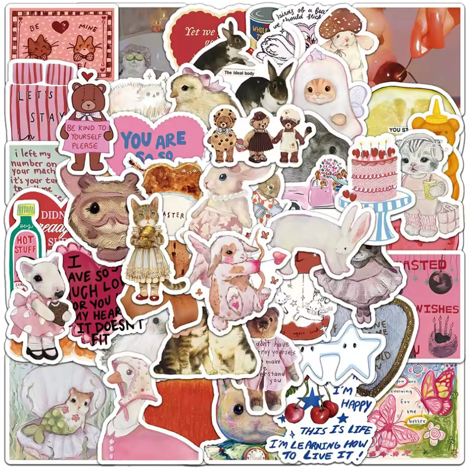 50 Stickers Vinil animales tiernos Rosa