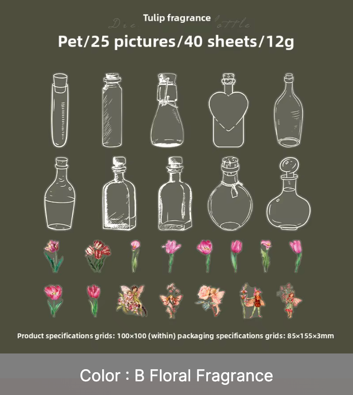 40 Stickers Flores, Frascos & Hadas