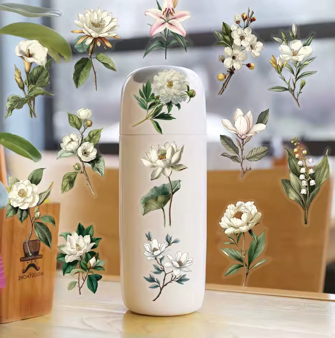 50 Stickers transparentes Flores blancas