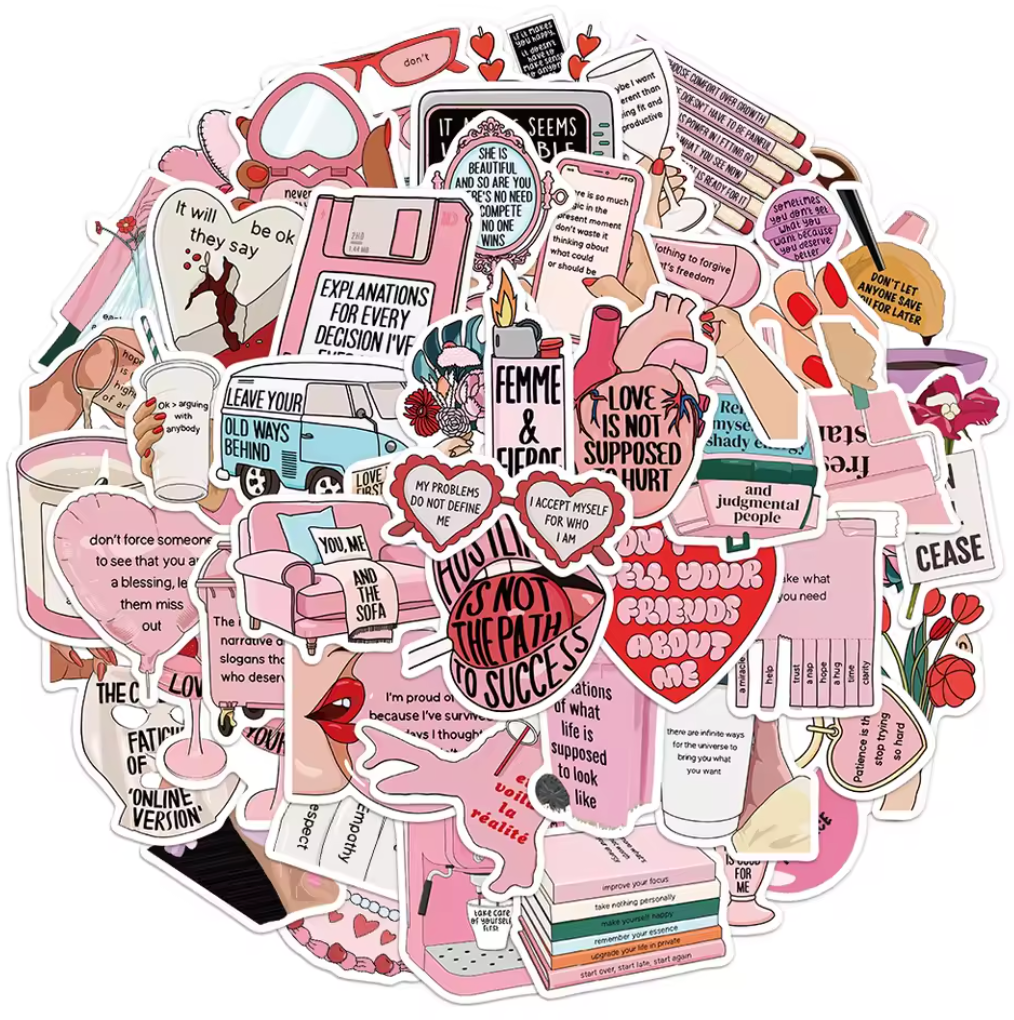 50 Stickers Vinil Objetos & Frases Rosa