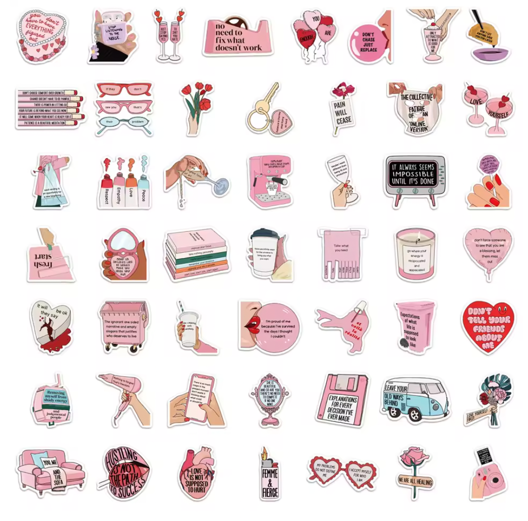 50 Stickers Vinil Objetos & Frases Rosa