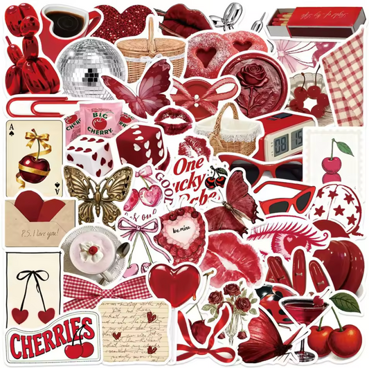 50 Stickers Vinil Rojos Cerezas & Dados