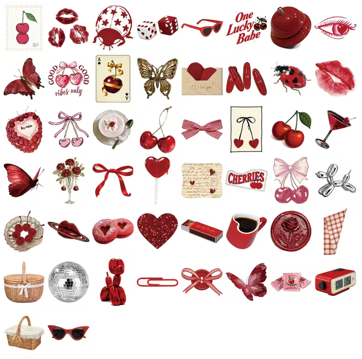 50 Stickers Vinil Rojos Cerezas & Dados