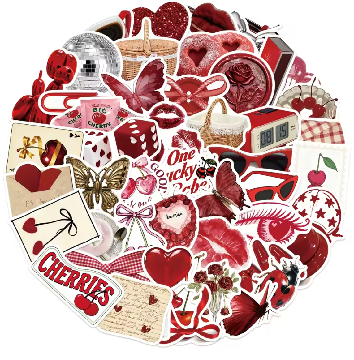 50 Stickers Vinil Rojos Cerezas & Dados