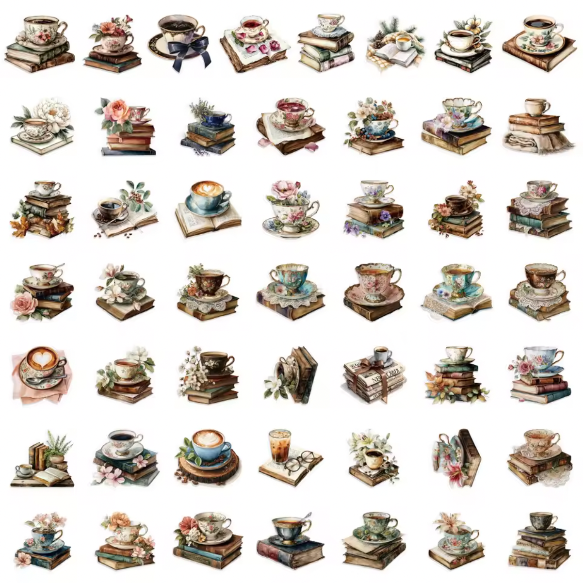 50 Stickers transparentes Libros & Flores