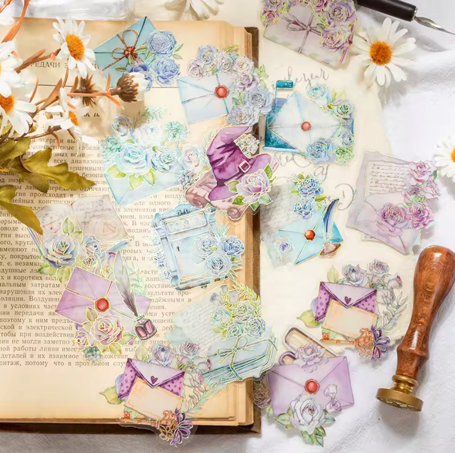 20 Stickers Cartas & Flores con foil holografico
