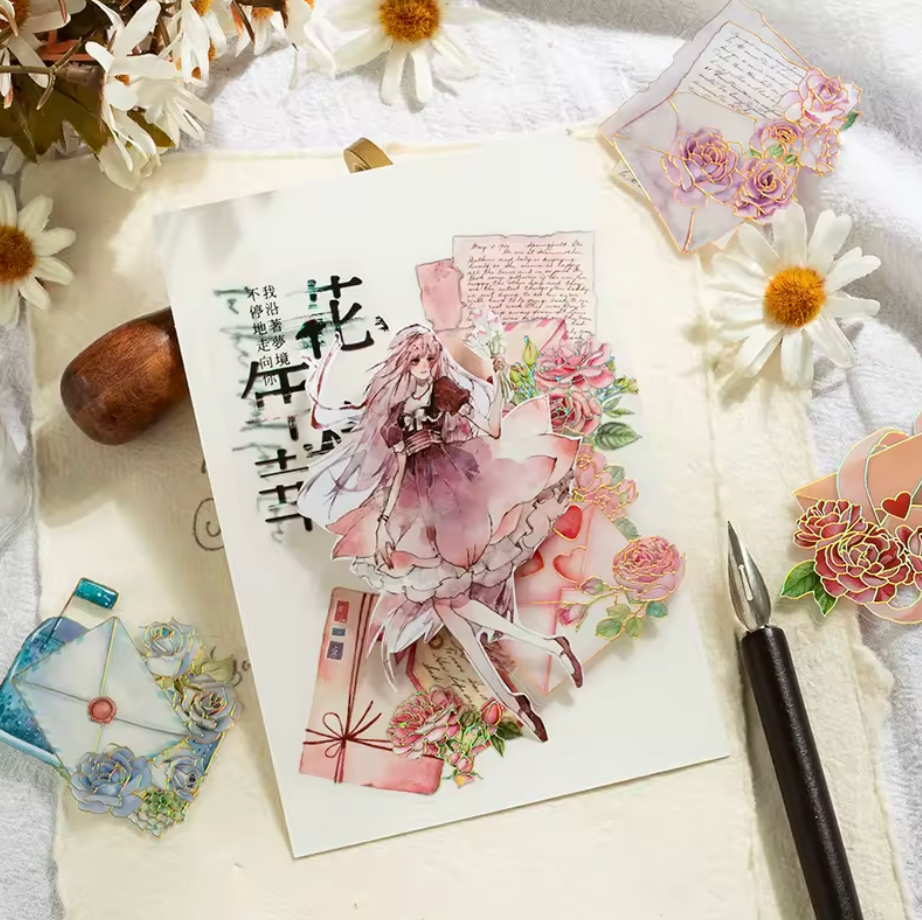 20 Stickers Cartas & Flores con foil holografico