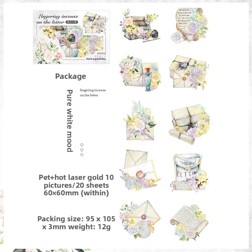 20 Stickers Cartas & Flores con foil holografico
