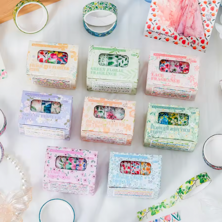Cajita de 5 washi tapes delgados flores