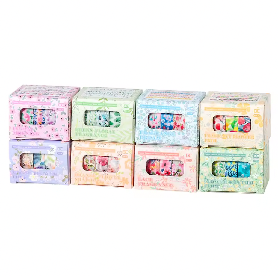 Cajita de 5 washi tapes delgados flores