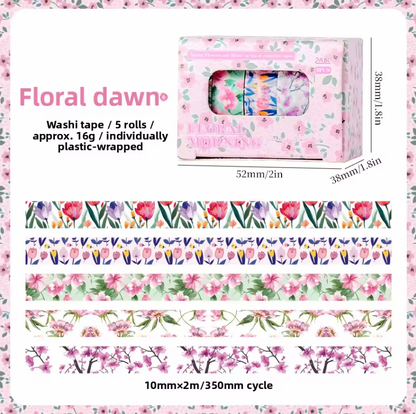 Cajita de 5 washi tapes delgados flores