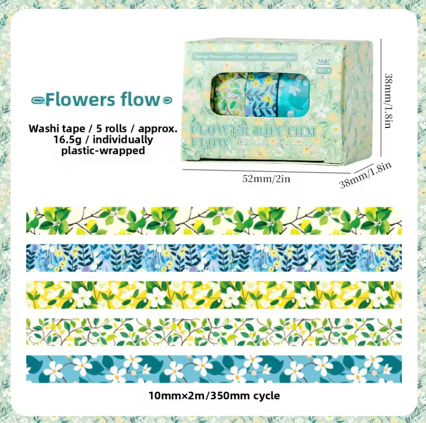 Cajita de 5 washi tapes delgados flores