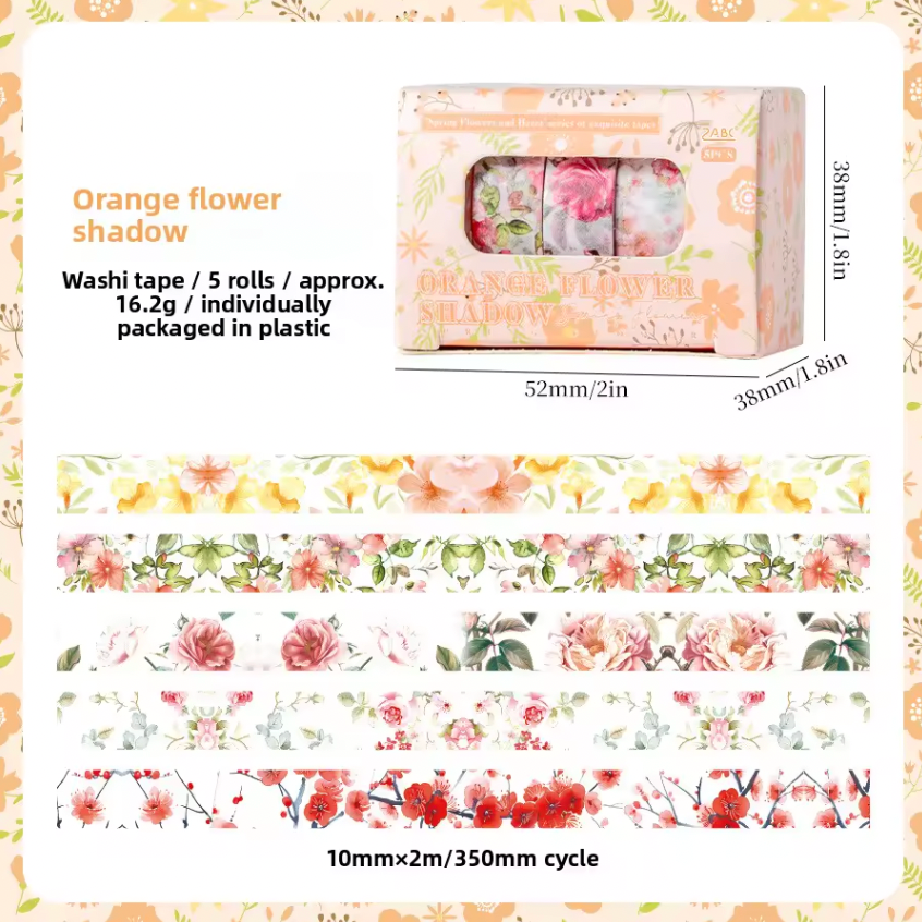 Cajita de 5 washi tapes delgados flores