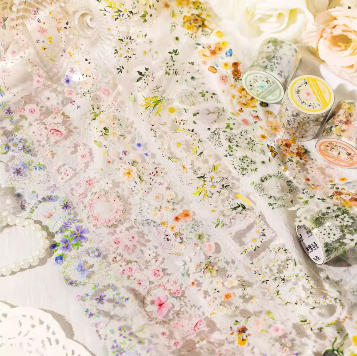 Washi Tape Ancho Transparente Flores