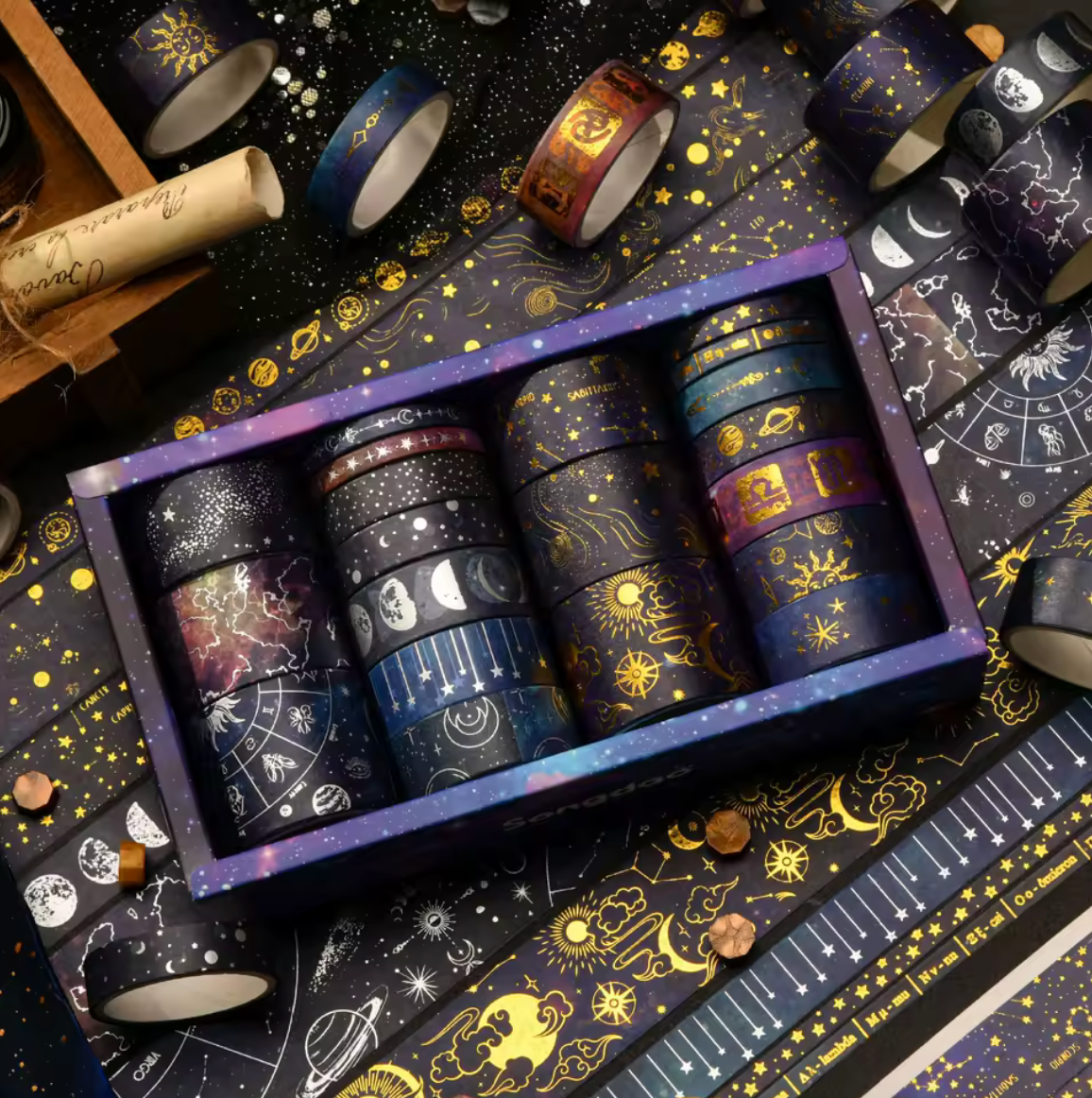 20 Washi Tapes con detalles dorados Universo & Galaxia