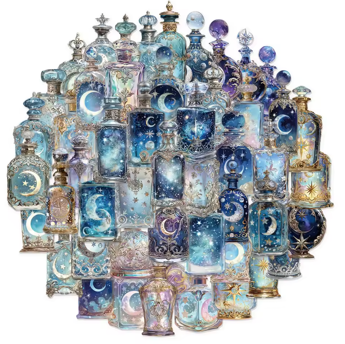 50 Stickers Transparentes Frascos Misticos