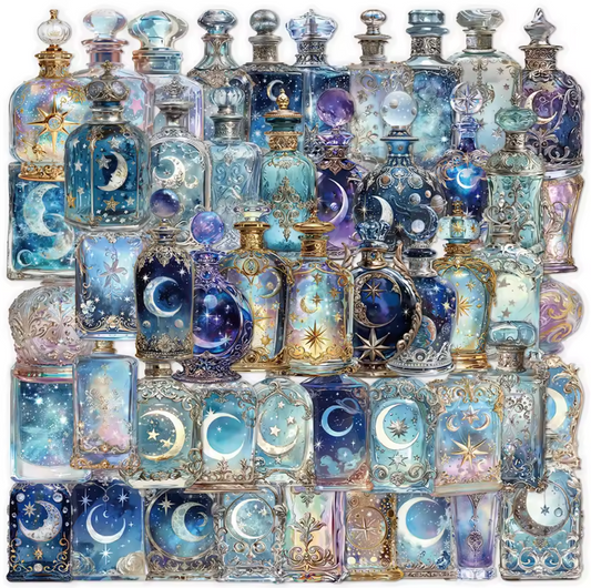 50 Stickers Transparentes Frascos Misticos