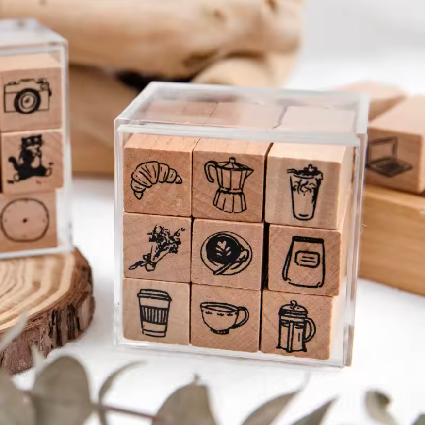 9 Sellos de madera Café, panes & flores