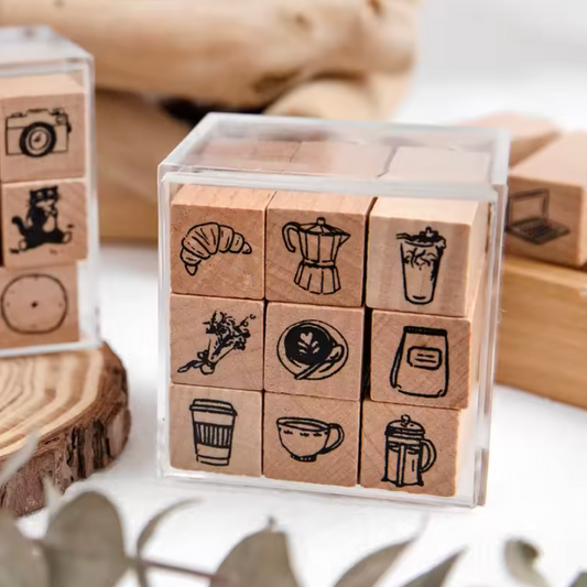9 Sellos de madera Café, panes & flores