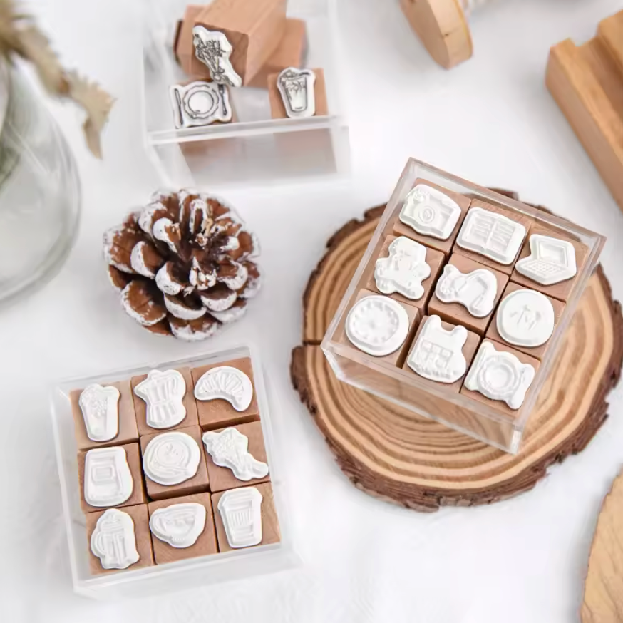 9 Sellos de madera Café, panes & flores