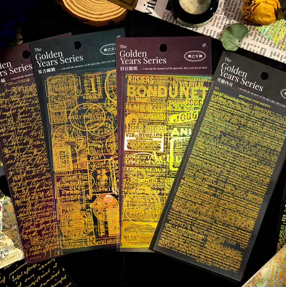 3 Hojas de Stickers Texto Dorado Holografico