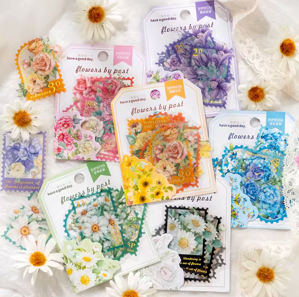 30 Stickers Timbres Flores con detalles dorados