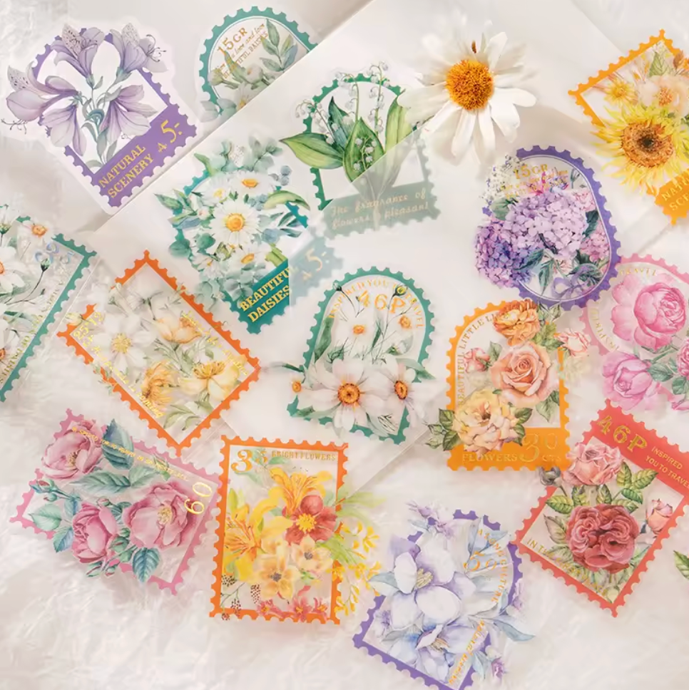 30 Stickers Timbres Flores con detalles dorados