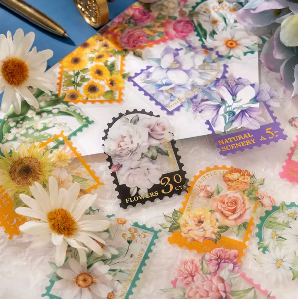 30 Stickers Timbres Flores con detalles dorados
