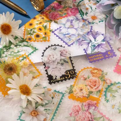 30 Stickers Timbres Flores con detalles dorados