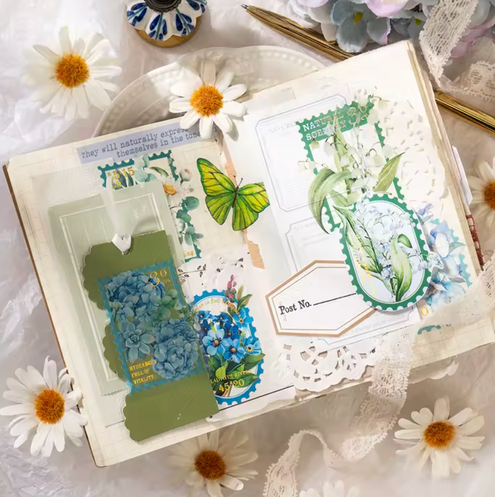 30 Stickers Timbres Flores con detalles dorados