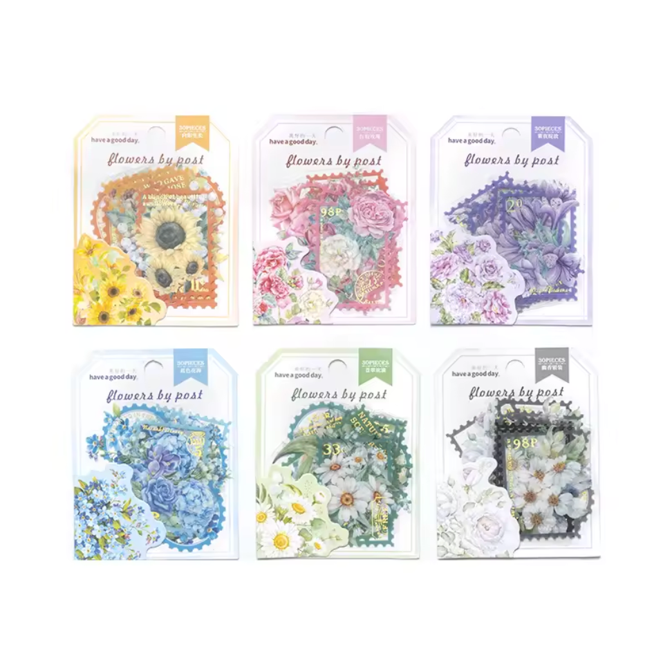 30 Stickers Timbres Flores con detalles dorados