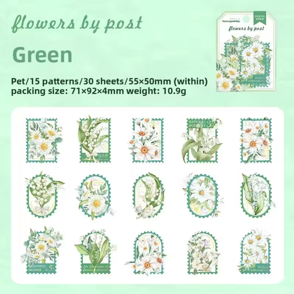 30 Stickers Timbres Flores con detalles dorados