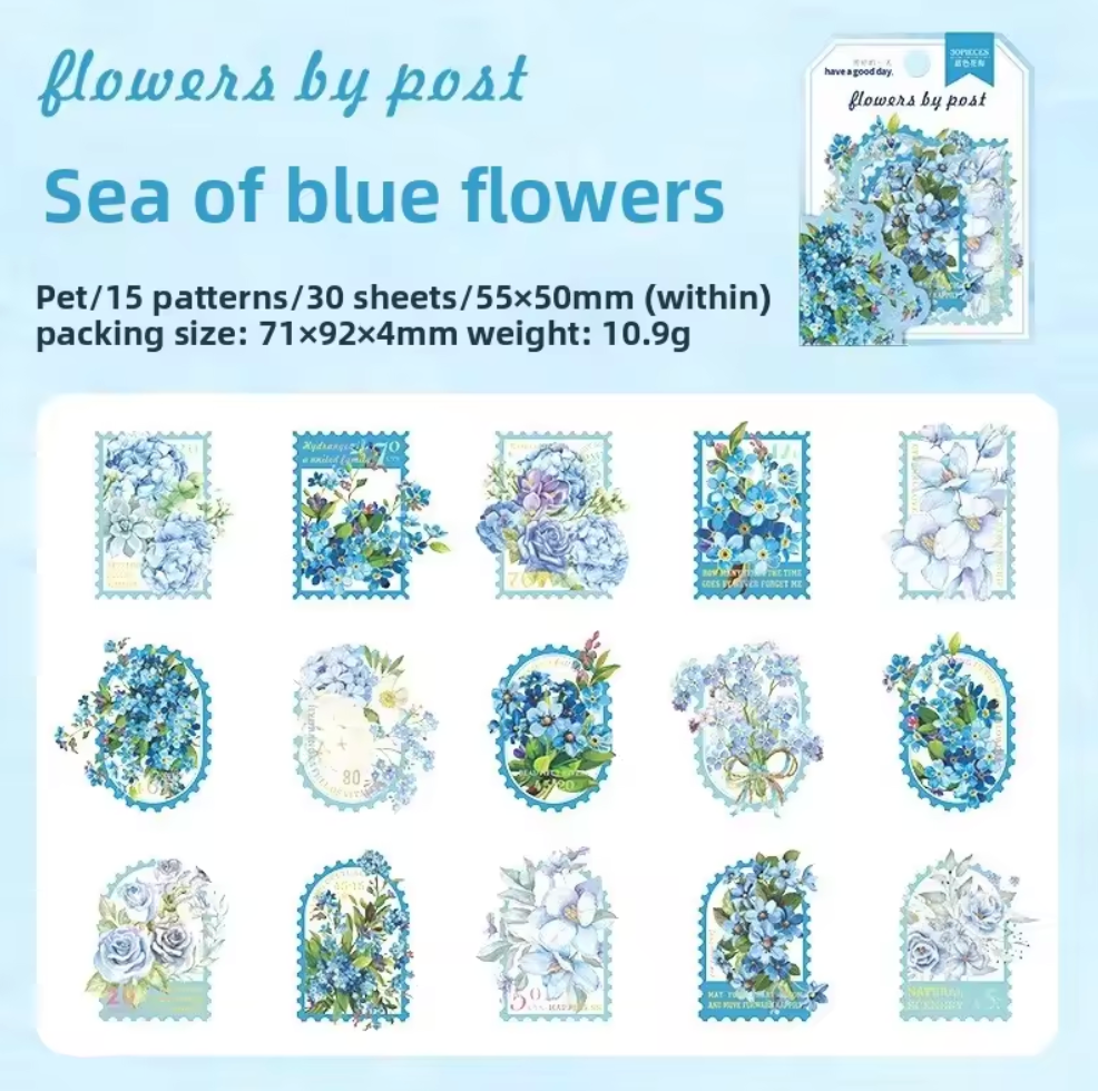 30 Stickers Timbres Flores con detalles dorados