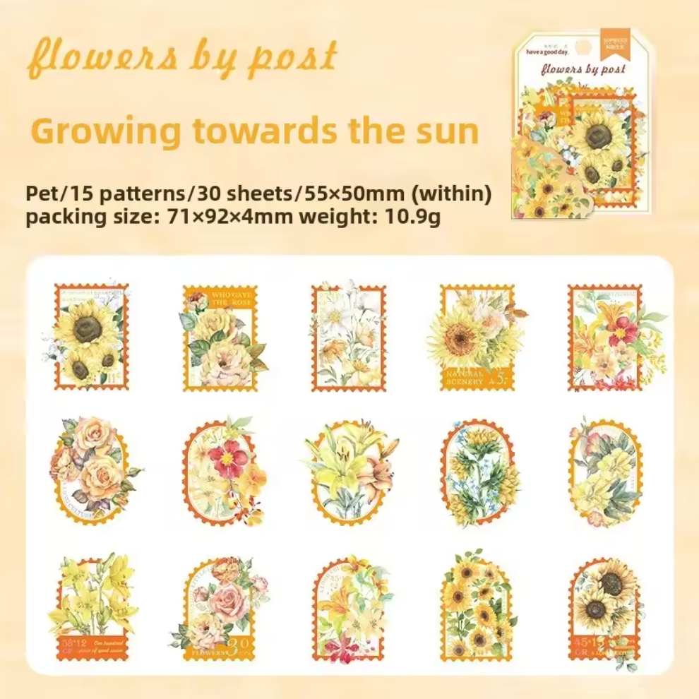 30 Stickers Timbres Flores con detalles dorados