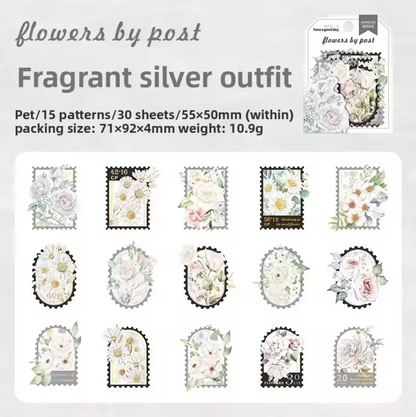30 Stickers Timbres Flores con detalles dorados