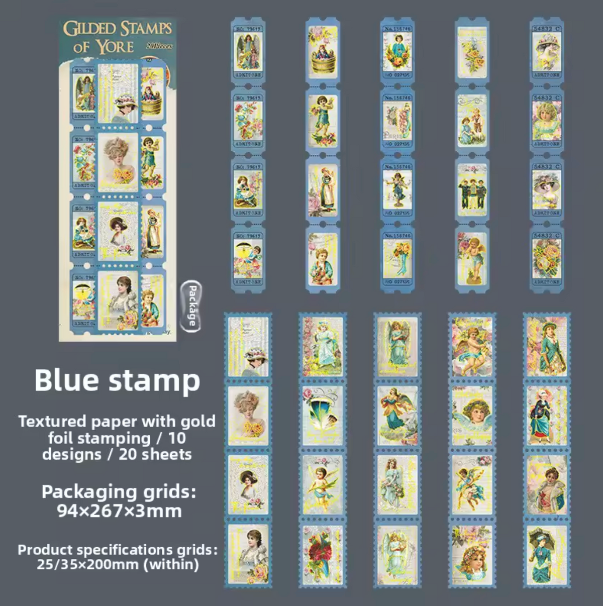 20 tiras de timbres texturizados Vintage con foil dorado