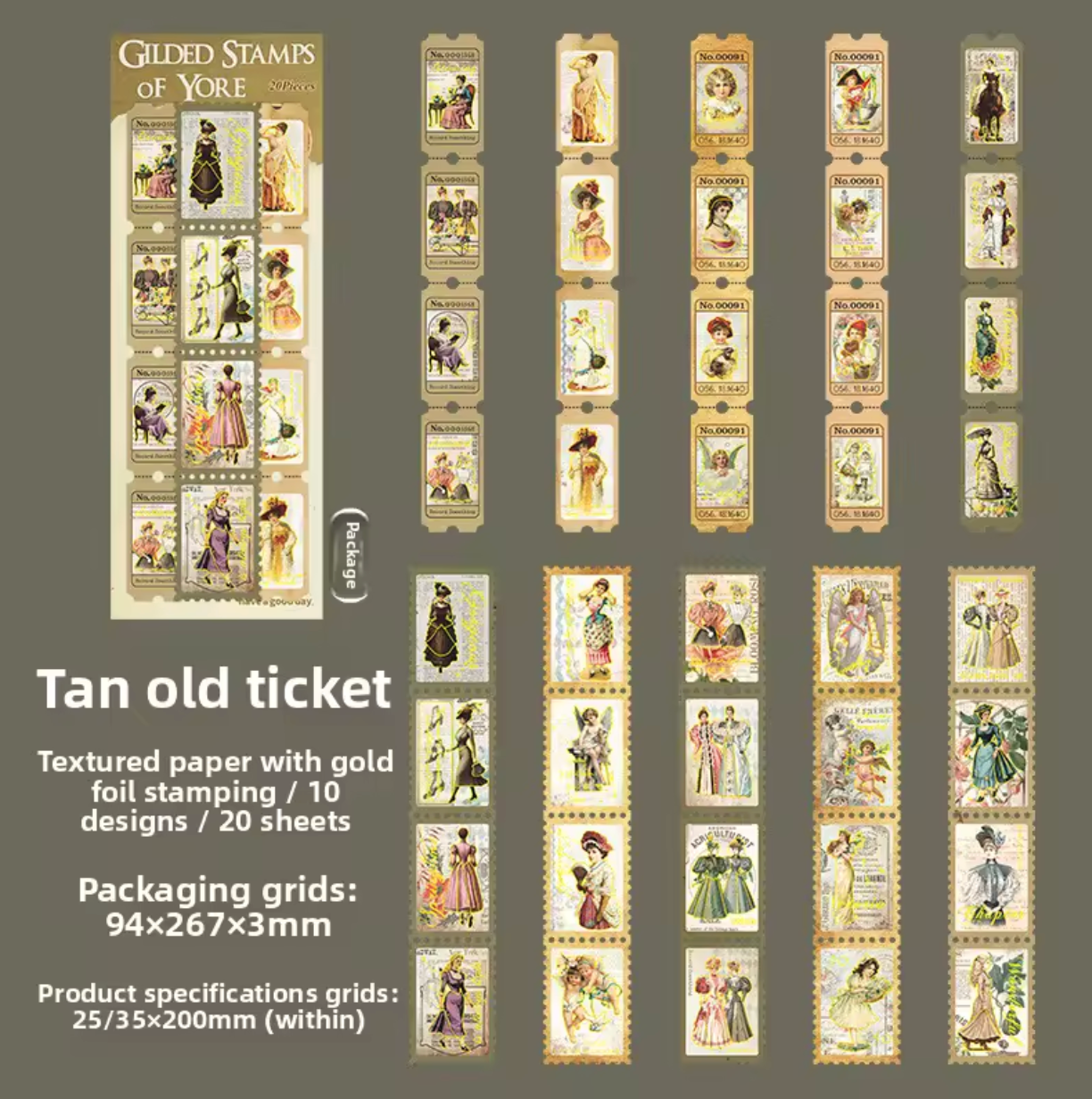 20 tiras de timbres texturizados Vintage con foil dorado