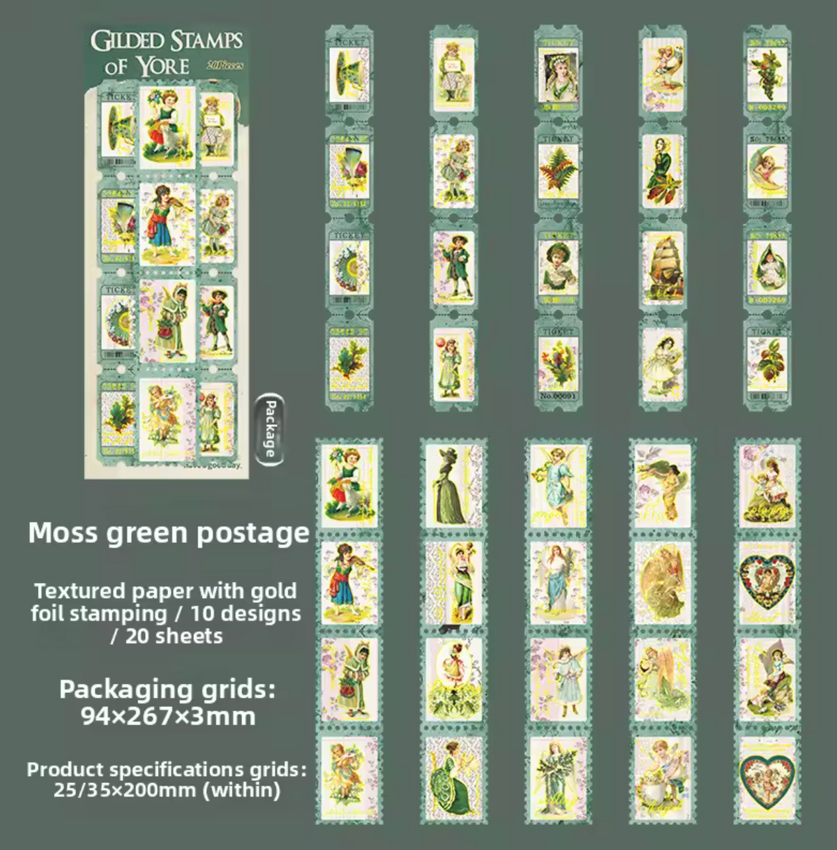 20 tiras de timbres texturizados Vintage con foil dorado
