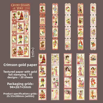 20 tiras de timbres texturizados Vintage con foil dorado