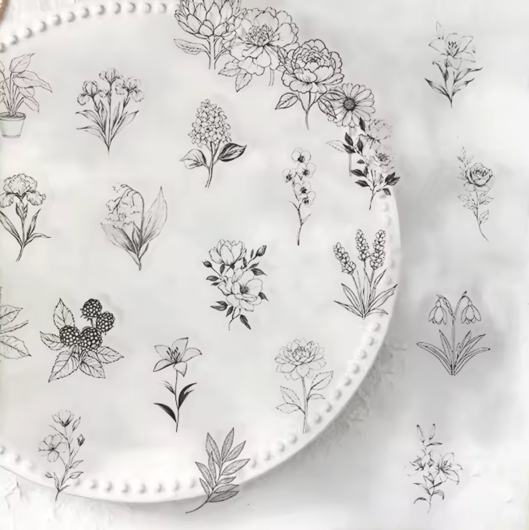 50 Stickers transparentes Flores Negro & Blanco